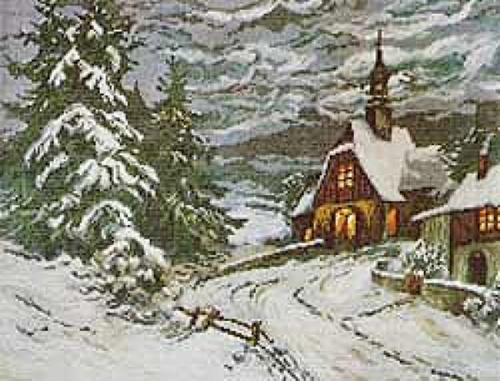 Cross-stitch The woodland chapel in snow